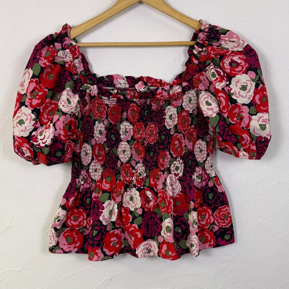 Kate Spade Floral Smocked Puff Sleeve Top Womens XL Red Pink Peplum Coquette